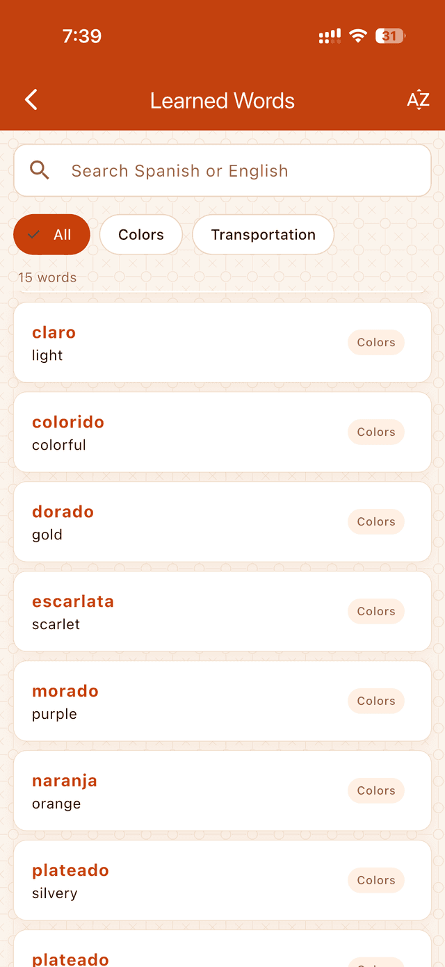 Browse learned words